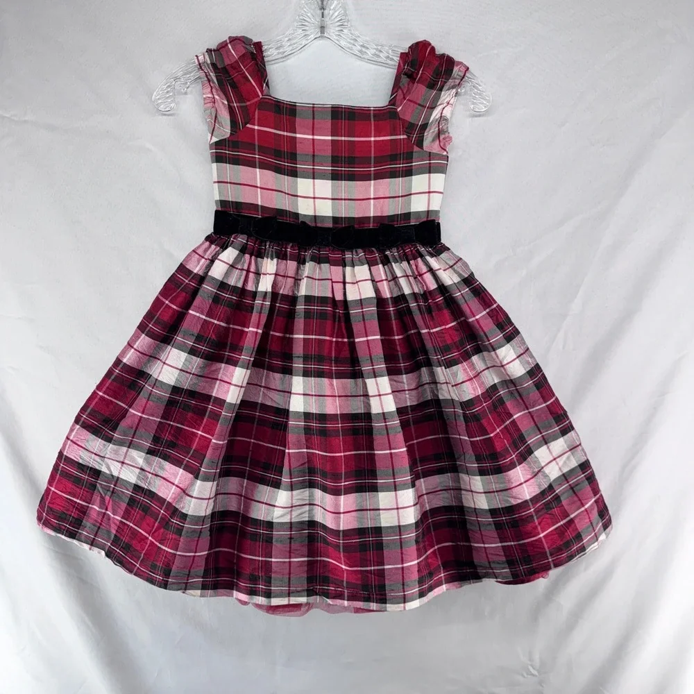 Gymboree Plaid Dress Girls 7 Red Silk Holiday Tartan Velvet Bow Classic Preppy